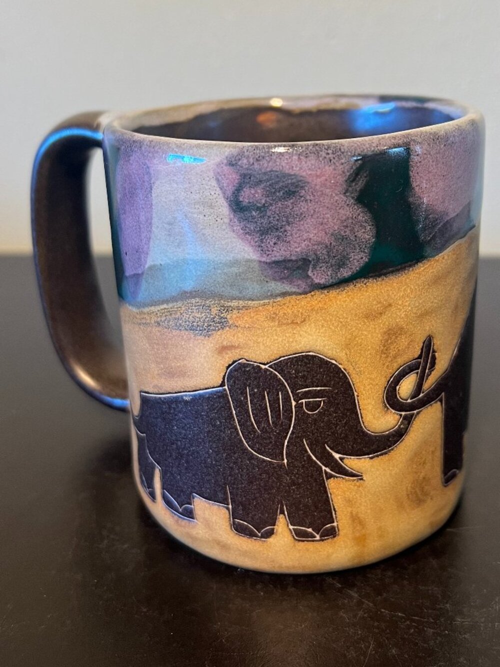 Handcrafted MARA STONEWARE Sgraffito Pottery Etched Elephant Mug Artist Signed - Picture 4 of 12